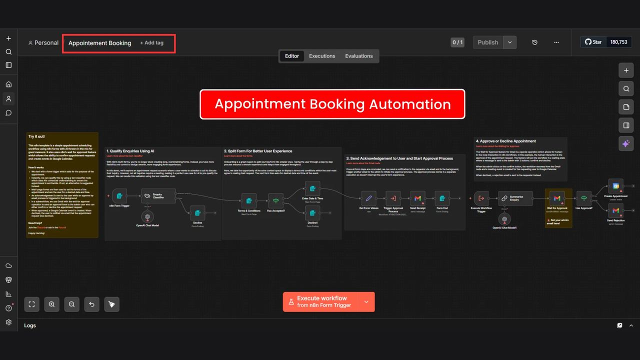 Real n8n editor screenshot of an appointment booking automation workflow