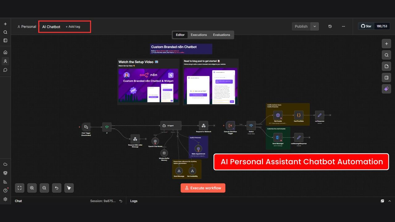 Real n8n editor screenshot of an AI personal assistant chatbot workflow